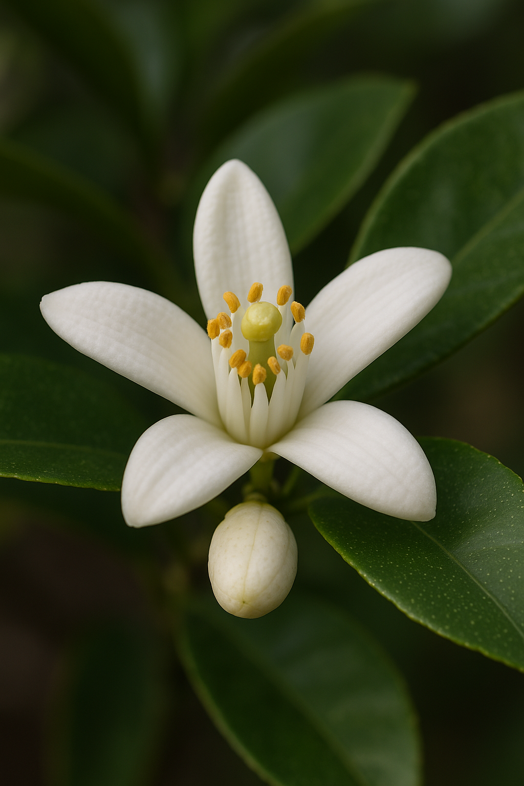 Flor de azahar blanca con pétalos abiertos, símbolo de organización, transformación y nuevos comienzos en negocio