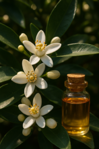 Flor de azahar con frasco de aceite, símbolo de automatización y optimización en negocio.