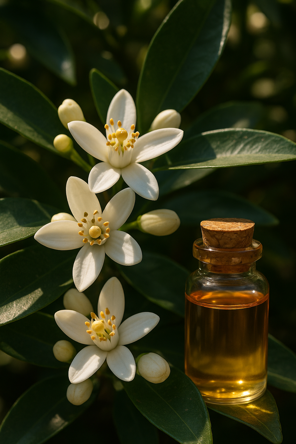 Flor de azahar con frasco de aceite, símbolo de automatización y optimización en negocio.