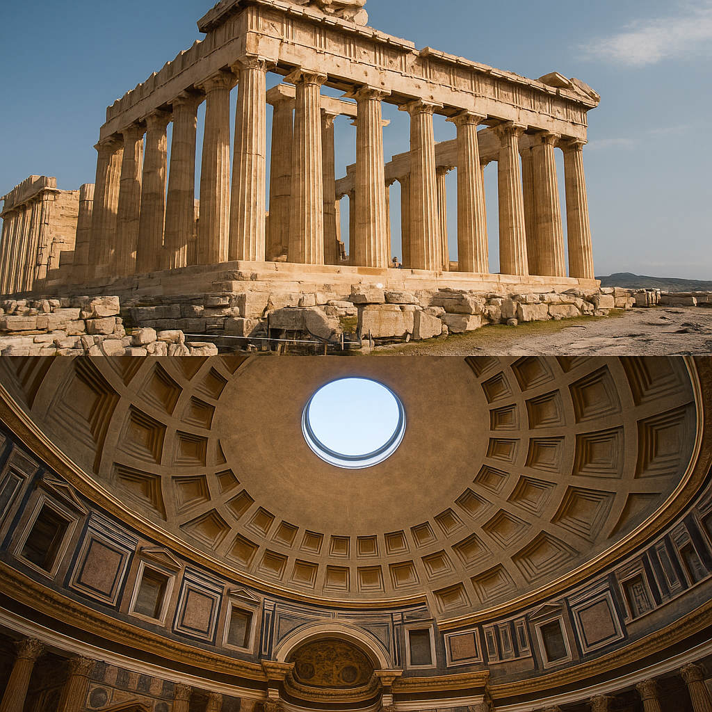 Colage del Partenón y el Panteón, representando la fascinación por la arquitectura clásica de Grecia y Roma